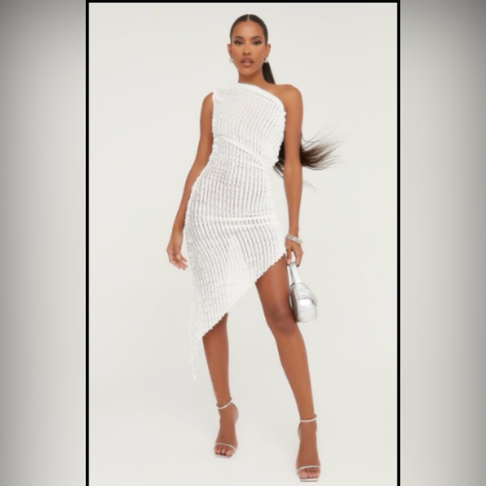 EGO White Shirred One-Shoulder Asymmetric Midi Cover-Up Dress | Size S🤍